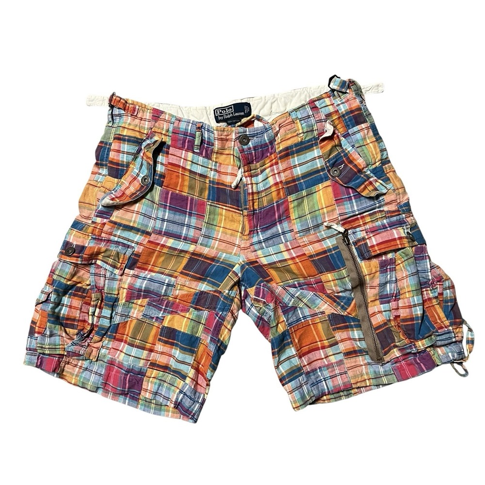 Polo Ralph Lauren Madras Patchwork Cargo Shorts Mens 34 Plaid Y2K 9" Inseam